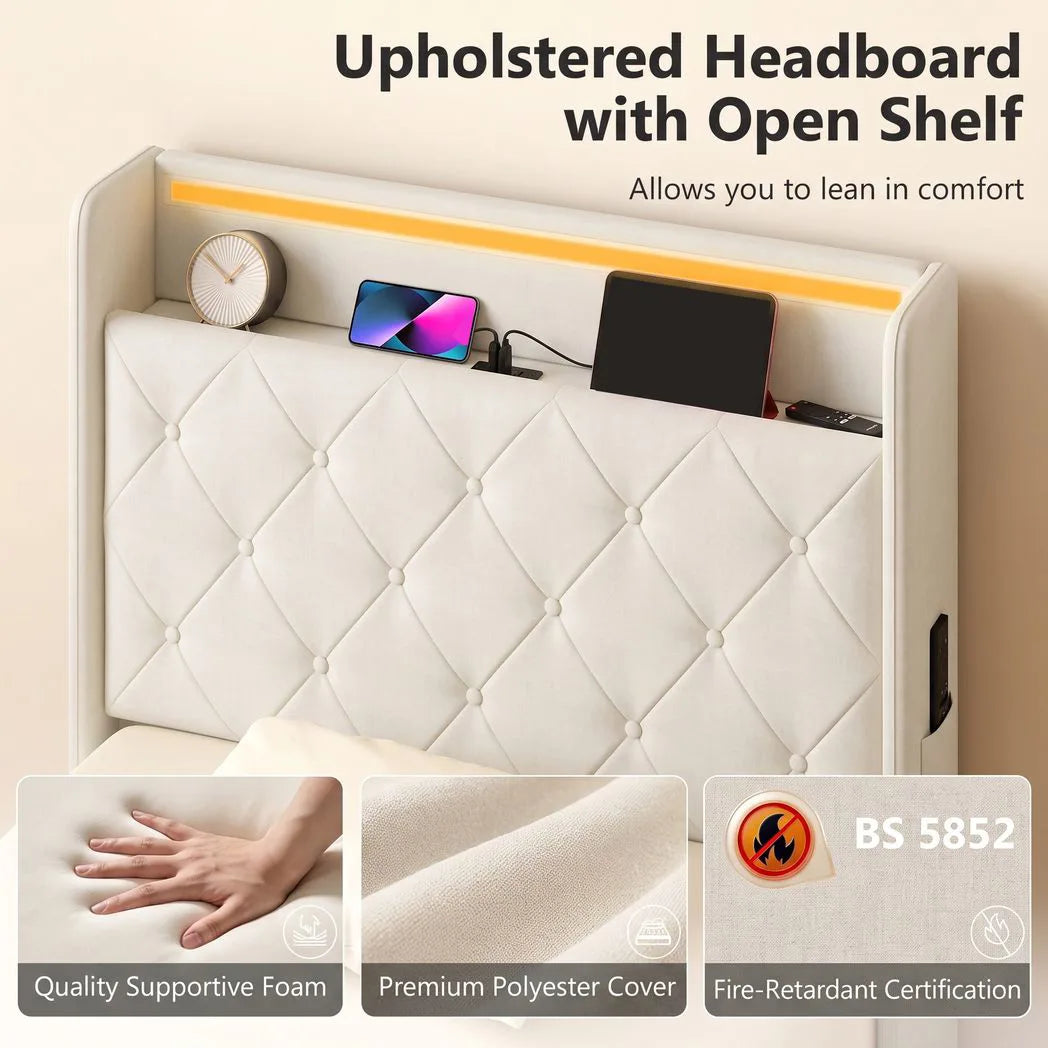 3ft Single Bed Frame with Headboard, Platform Bed Frame with Hydraulic Storage, LED Lights and Charging Station, White