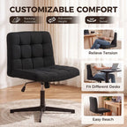 Armless Office Chair, Cross Legged Linen Computer Desk Vanity Chair with Wide Seat, Rocking Function, Black