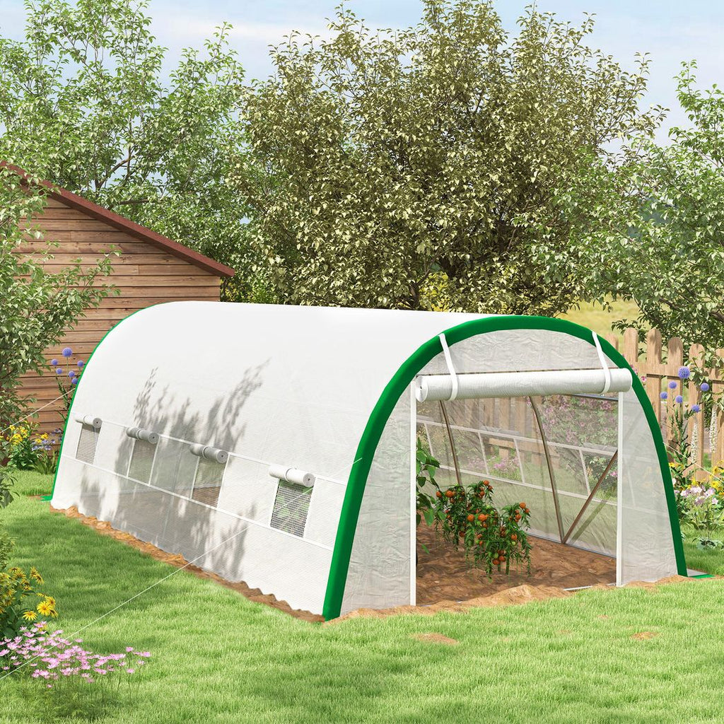 Outsunny Walk-in Polytunnel Greenhouse Tunnel Warm House Tent with Zipped Doors, 8 Mesh Windows, PE Cover, 6 x 3 m, White