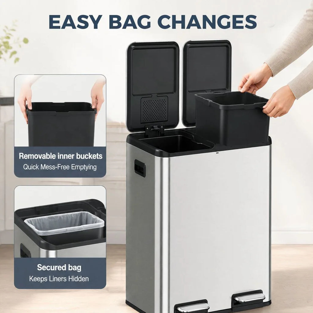 2 x 30L Double Kitchen Bin, Stainless Steel Pedal Rubbish Bin with Dual Compartments, Soft Close Lids, Silver Tone