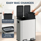2 x 30L Double Kitchen Bin, Stainless Steel Pedal Rubbish Bin with Dual Compartments, Soft Close Lids, Silver Tone