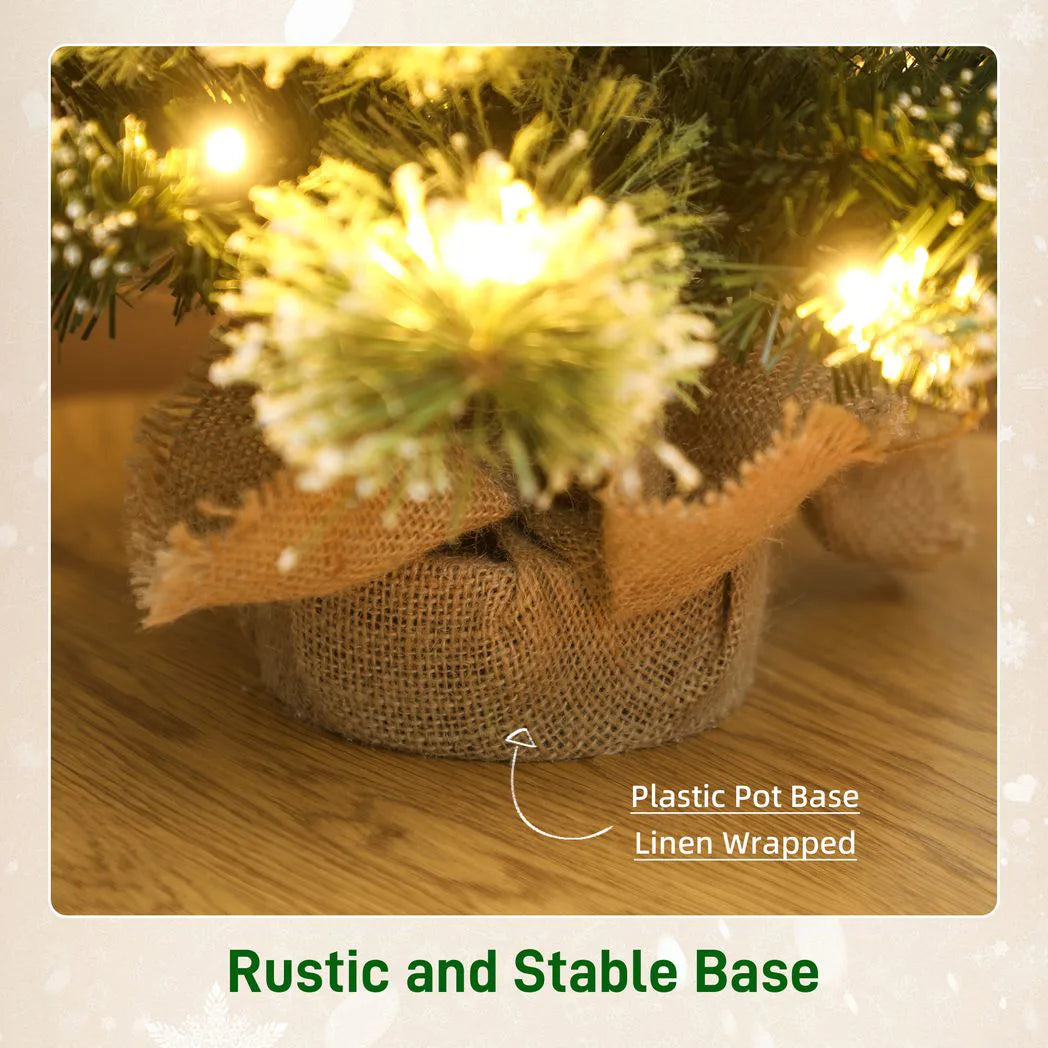 60 cm Prelit Small Christmas Tree, Snow Flocked Tabletop Mini Xmas Tree with 35 LED Lights, Pine Cones and Linen Cover Base, Battery Operated, Green