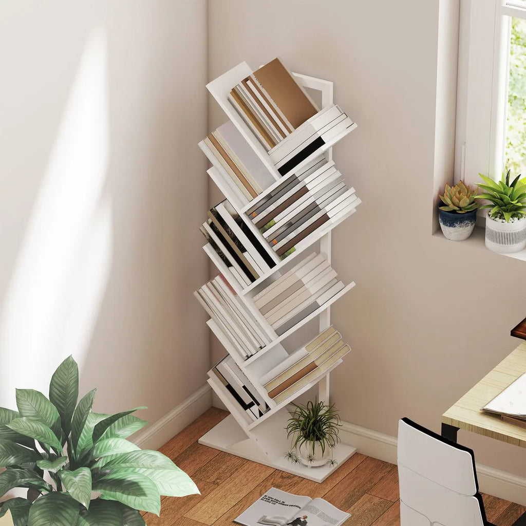 9-Tier Tree Bookshelf, Industrial Free Standing Bookcase with Steel Frame, Display Storage White