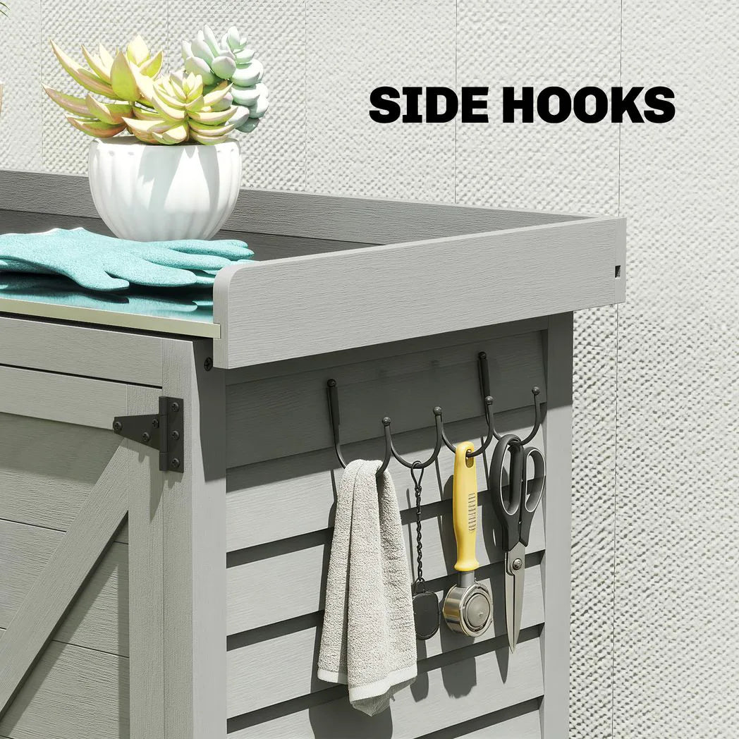 Outsunny Wooden Garden Shed, Garden Tool Storage Shed with Shelf and Side Hooks, 71.5 x 39 x 95 cm, Grey