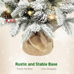 60 cm Prelit Small Christmas Tree with 35 LED Lights, Snow Flocked Tabletop Mini Xmas Tree with Pine Cones, Berry Clusters and Linen Cover Base, Battery Operated, Green
