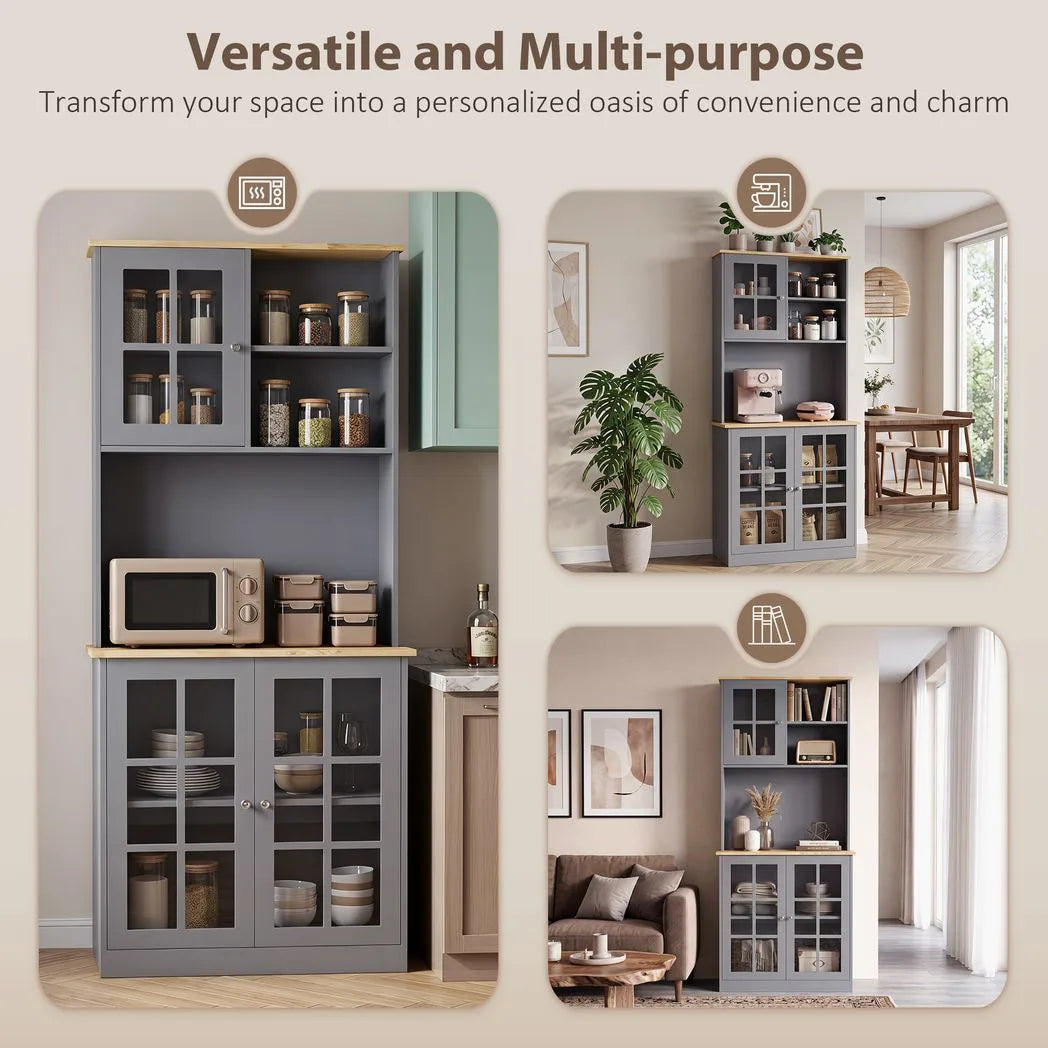 Kitchen Pantry, Buffet Hutch with 3 Storage Cabinets, 2 Open Shelves and Large Countertop for Kitchen, Grey