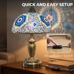 30cm Tiffany Lamp, Stained Glass Bedside Table Lamp with Button Switch and Metal Base, Blue