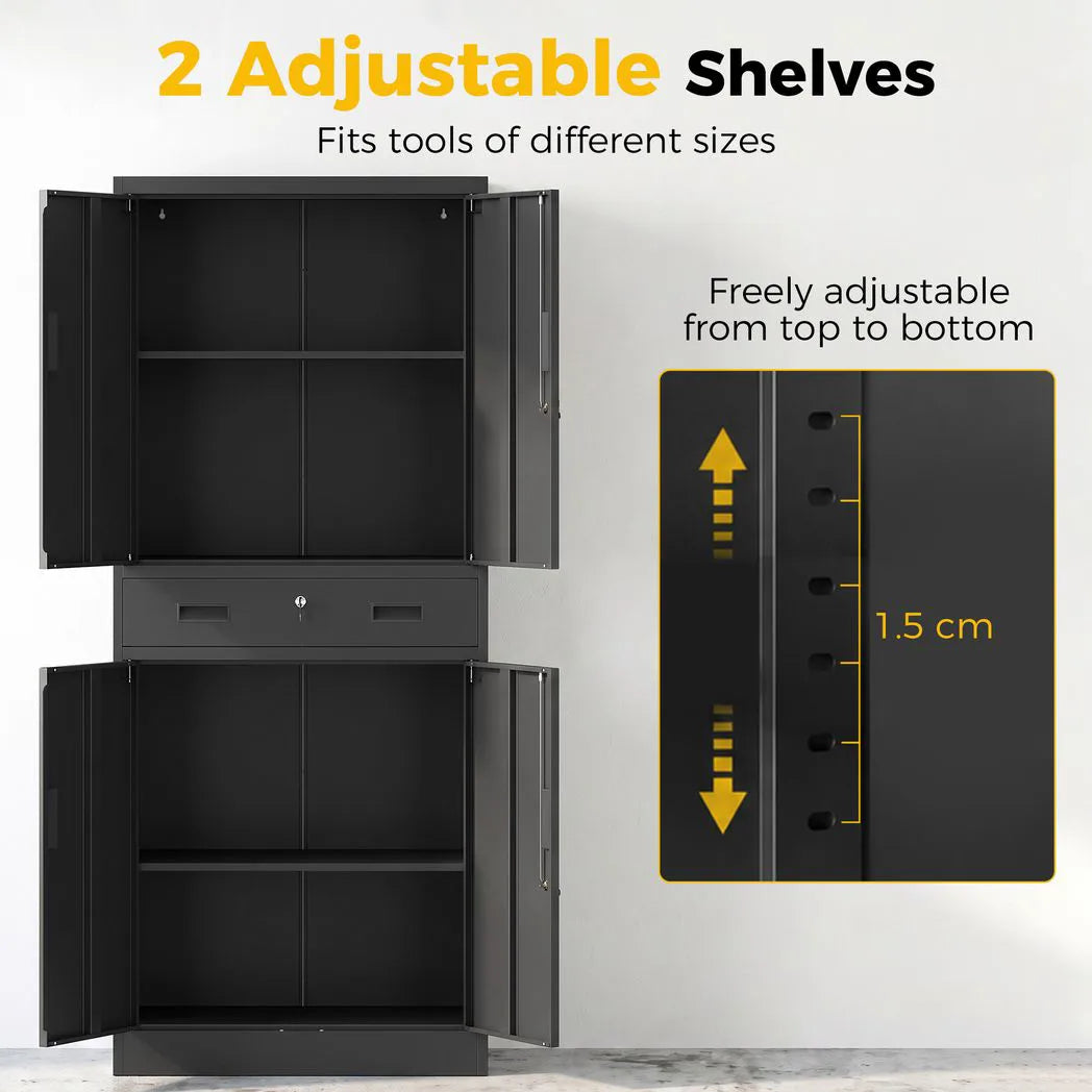 Metal Storage Cabinet, 180cm Tall Tool Cabinet with Locking Doors, Drawer and Adjustable Shelves, Black