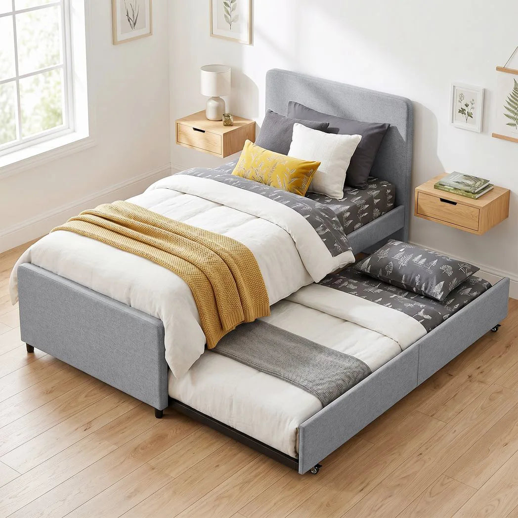 3ft Single Bed Frame with Trundle, Upholstered Pull Out Trundle Bed with Headboard and Footboard, Light Grey