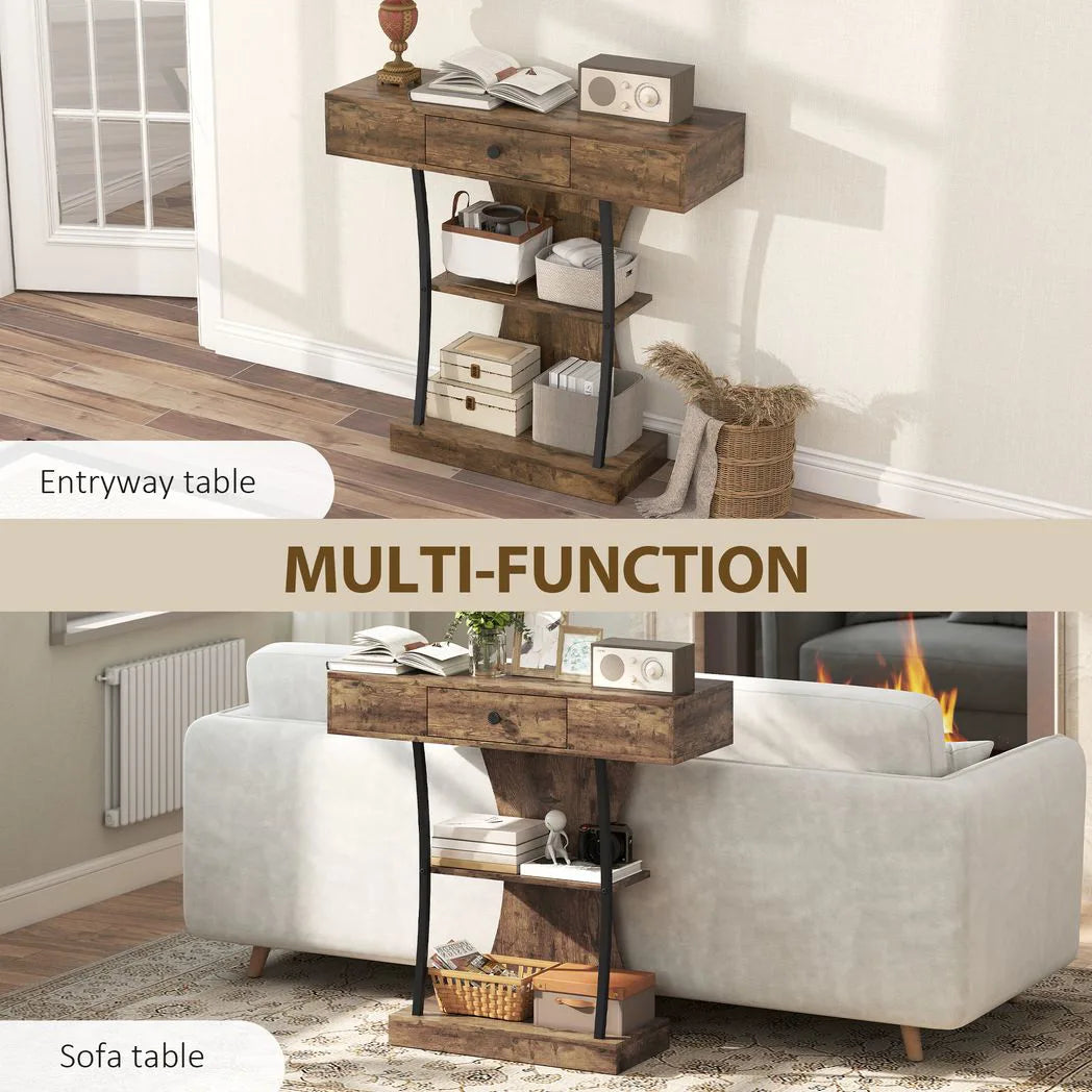 Console Table, 3-Tier Industrial Hallway Table with Drawer, Storage Shelves, 91 x 32 x 87 cm, Rustic Brown