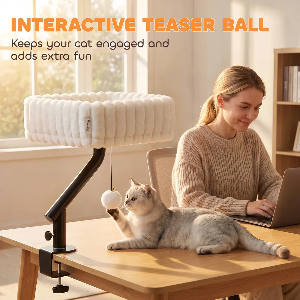 PawHut Cat Desk Bed, Rotatable Raised Cat House for Desk, Window, Soft Kitten Hammock with Hanging Ball, White