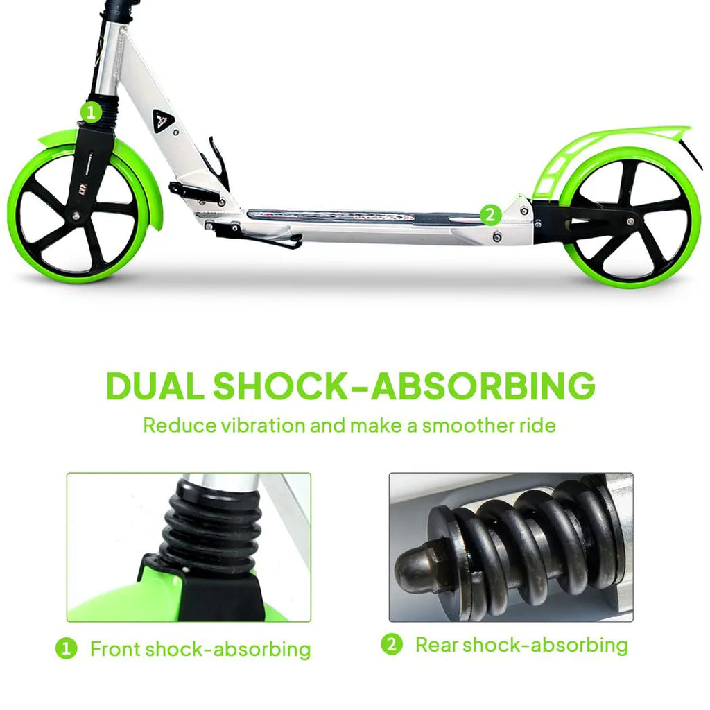 Folding Kick Scooter, Adjustable Ride On Scooter with 200mm Big Wheels and Double Shock Absorption, Urban Scooter for 14 Teens Adult, Green