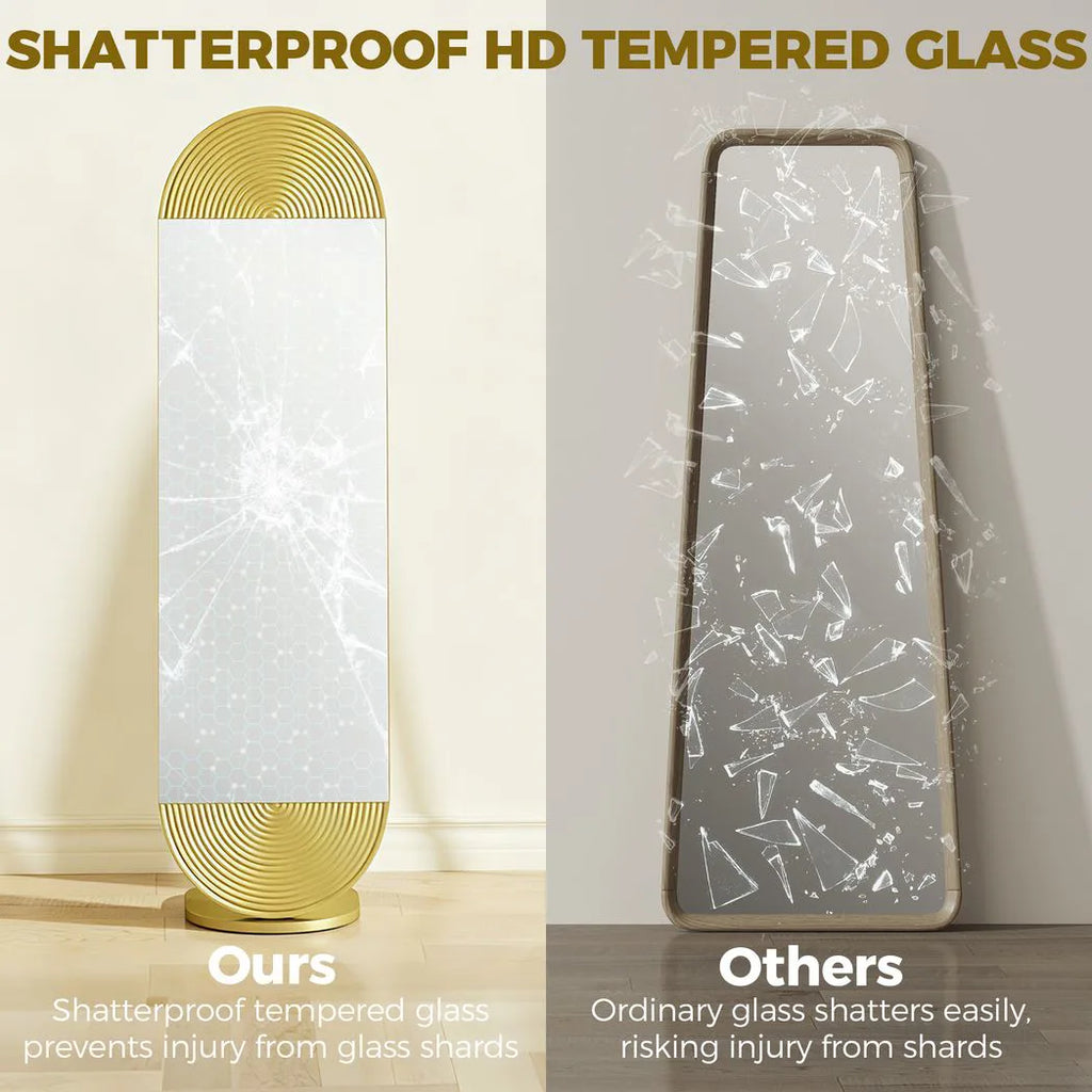 50 x 161 cm Wavy Full Length Mirror, Free Standing Mirror with Metal Frame and Solid Base, Gold Tone