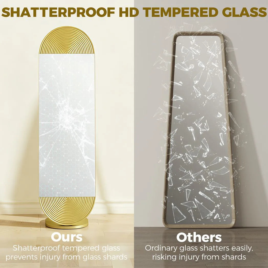 50 x 161 cm Wavy Full Length Mirror, Free Standing Mirror with Metal Frame and Solid Base, Gold Tone