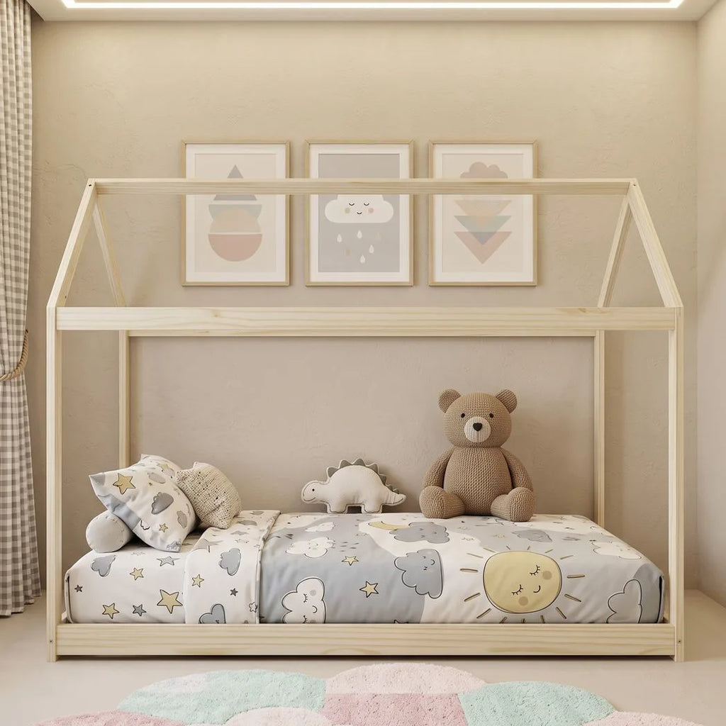 Single Bed Frame, House Scandinavian Wooden Bed Frame for 90W x 190Dcm Mattress, Pine Wood Bed Base, Natural Wood Finish