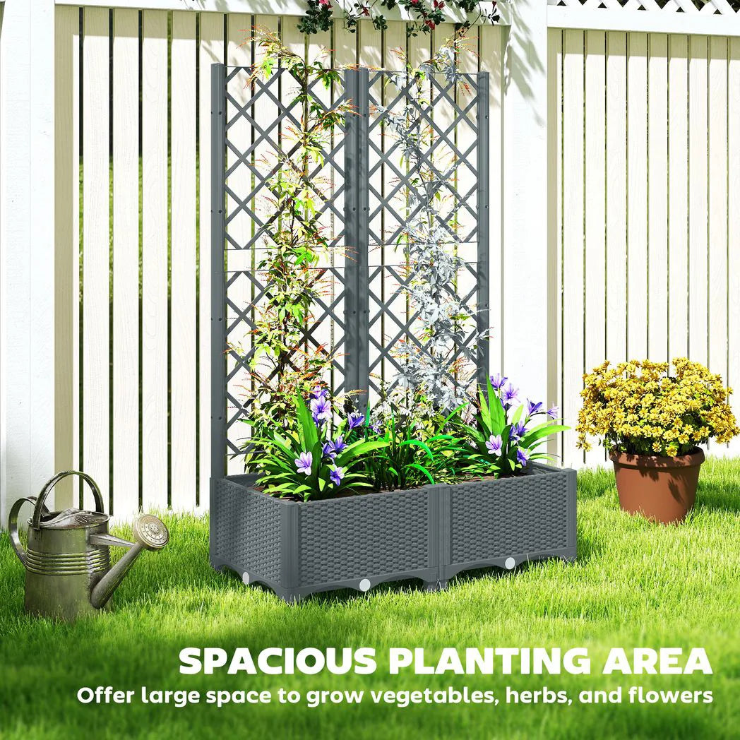 Outsunny Raised Garden Bed with Trellis, Plastic Planter Box with Drainage Holes, Drain Plugs and Water Reservoirs for Climbing Plants, Vegetables, Flowers, Grey