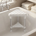 Shower Stool, Aluminium Alloy Corner Shower Chair with Storage Shelf and HDPE Seat, Adjustable Height, White