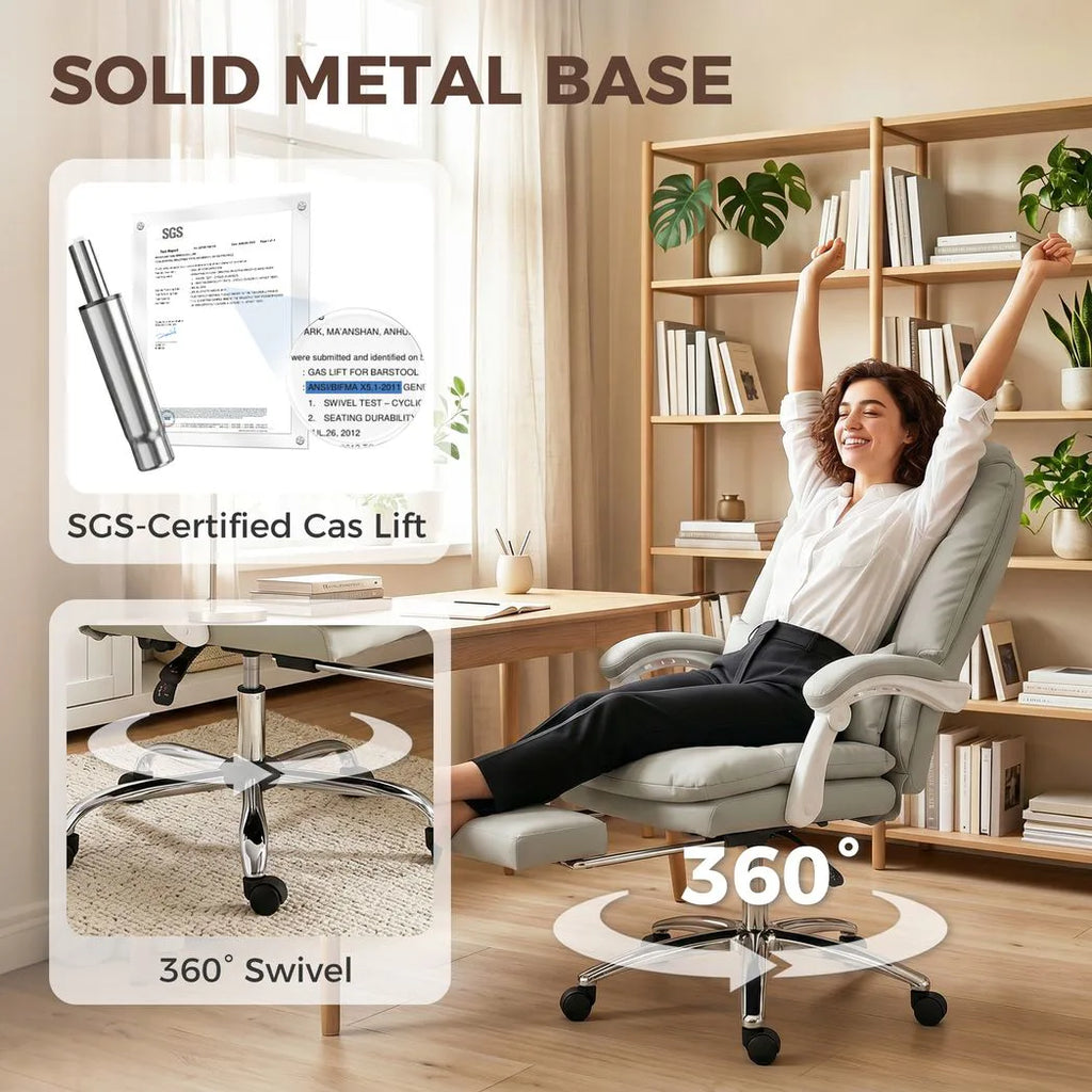 Ergonomic Executive Office Chair, Reclining Desk Chair with Lumbar Support, Footrest, Plush Thick Cushion, Khaki