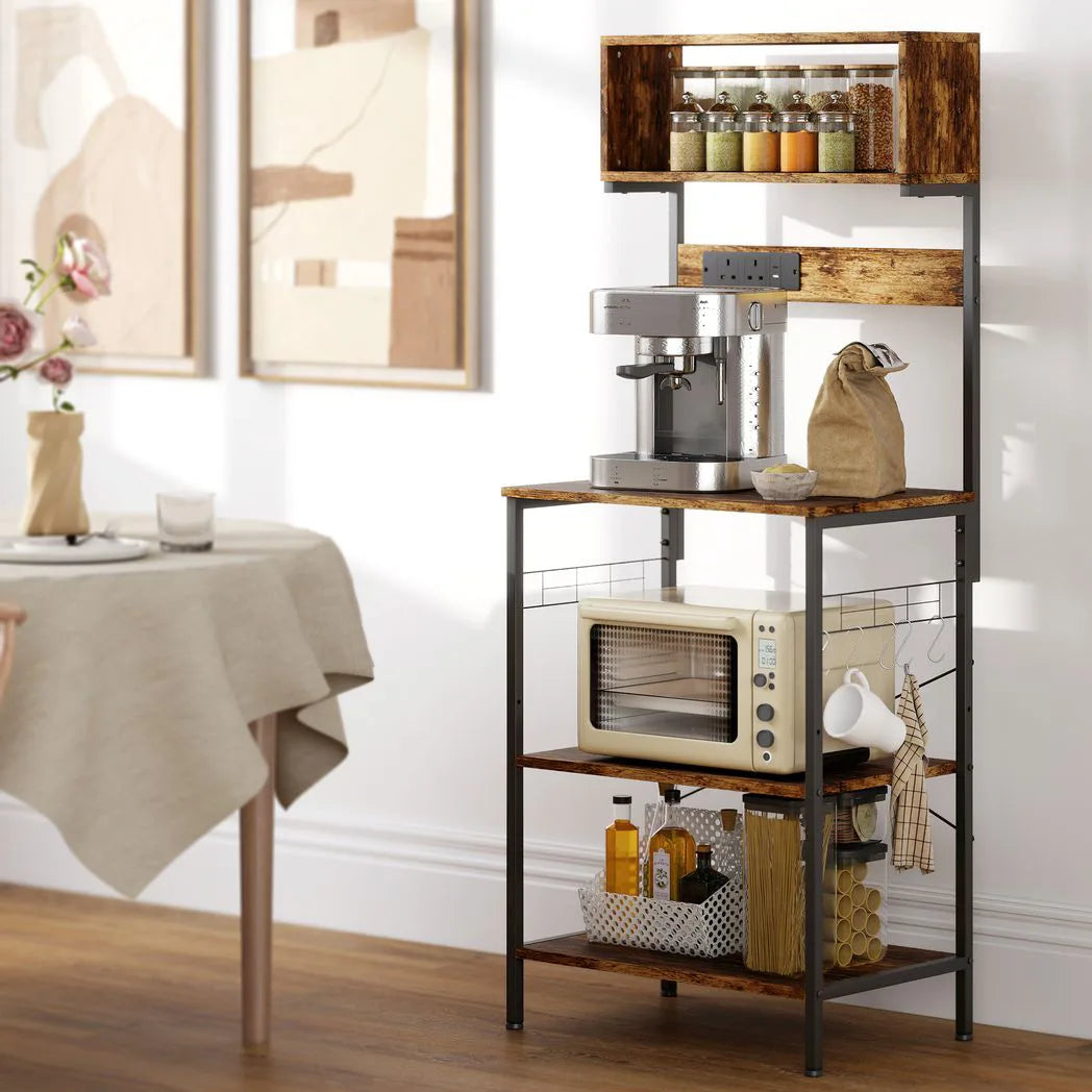 Kitchen Storage Rack, Bakers Rack with Power Outlet, USB Charger, Rustic Brown
