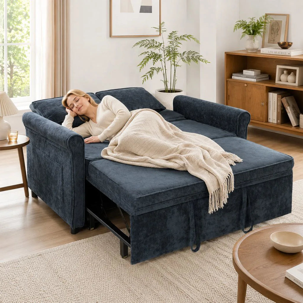 2 Seater Sofa Bed 3-in-1 Convertible Chenille Pull Out Sleeper Sofa with 5-Position Adjustable Backrest, Dark Blue