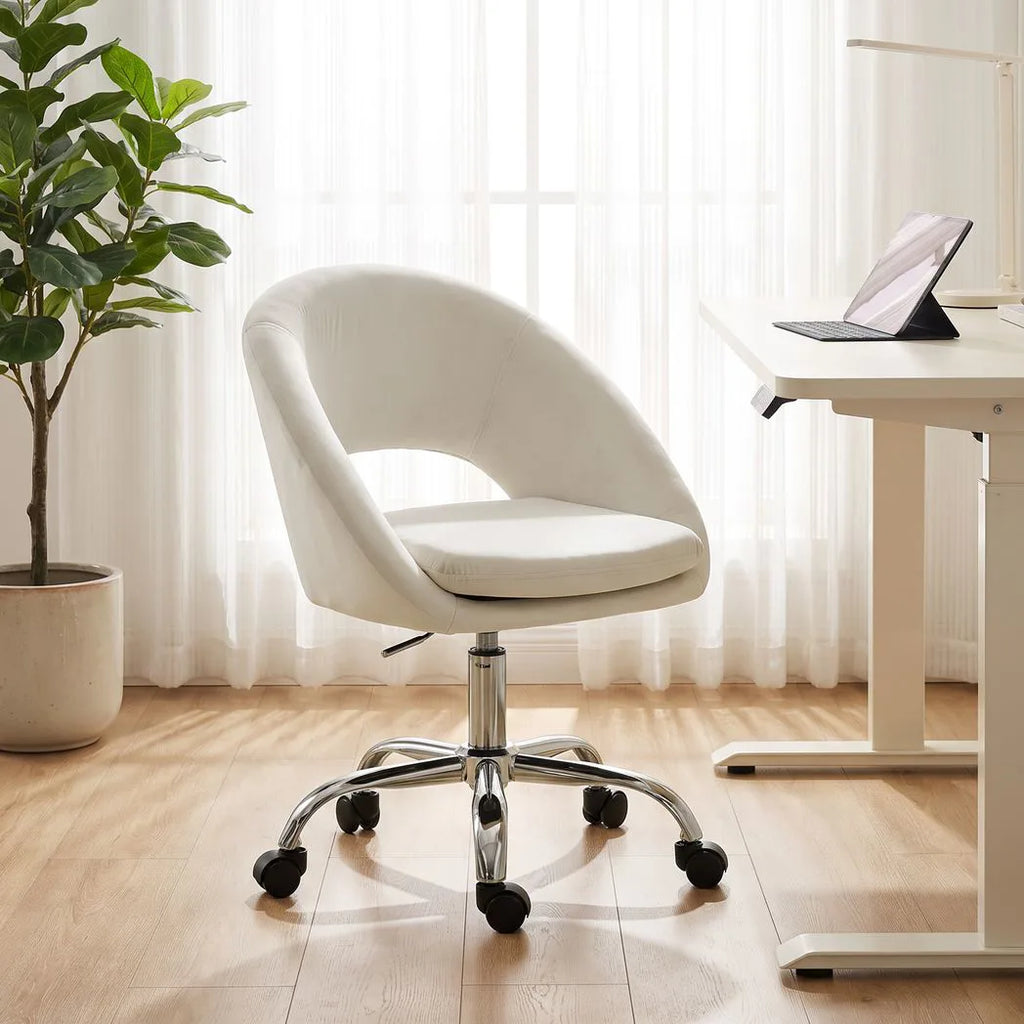 Velvet Desk Chair, Modern Office Chair with Height-Adjustable, Wheels, for Home Study Bedroom, Cream