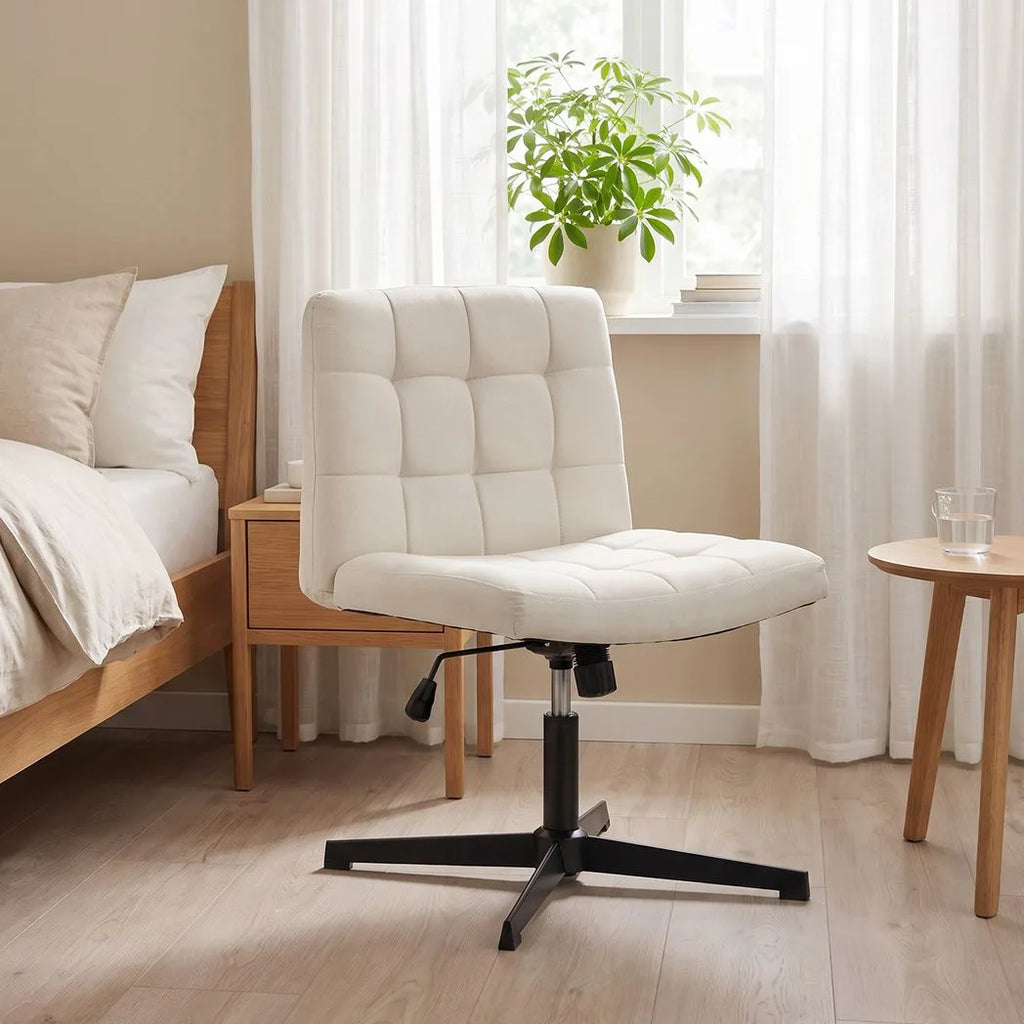 Armless Office Chair, Cross Legged Linen Computer Desk Vanity Chair with Wide Seat, Rocking Function, Beige