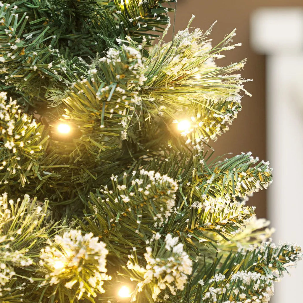60 cm Prelit Small Christmas Tree, Snow Flocked Tabletop Mini Xmas Tree with 35 LED Lights, Pine Cones and Linen Cover Base, Battery Operated, Green