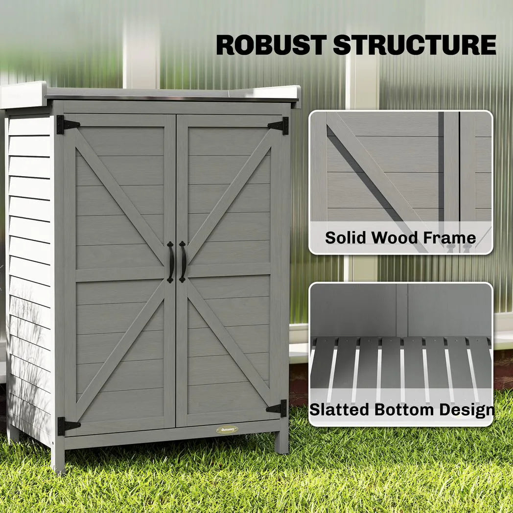 Outsunny Wooden Garden Shed, Garden Tool Storage Shed with Shelf and Side Hooks, 71.5 x 39 x 95 cm, Grey