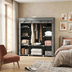 Clothes Storage Organiser with Hanging Rail, Shelves, Portable Wardrobe, Foldable Fabric Wardrobe, Dark Grey