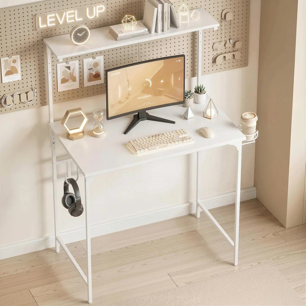 HOMCOM Computer Desk, 80cm Home Office Study Table with Hutch Shelf, Cup Holder, Headphone Hook, White