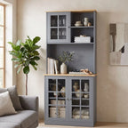 Kitchen Pantry, Buffet Hutch with 3 Storage Cabinets, 2 Open Shelves and Large Countertop for Kitchen, Grey