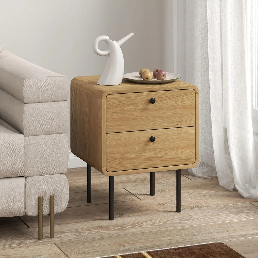 Bedside Table with 2 Drawers and Steel Legs - Oak