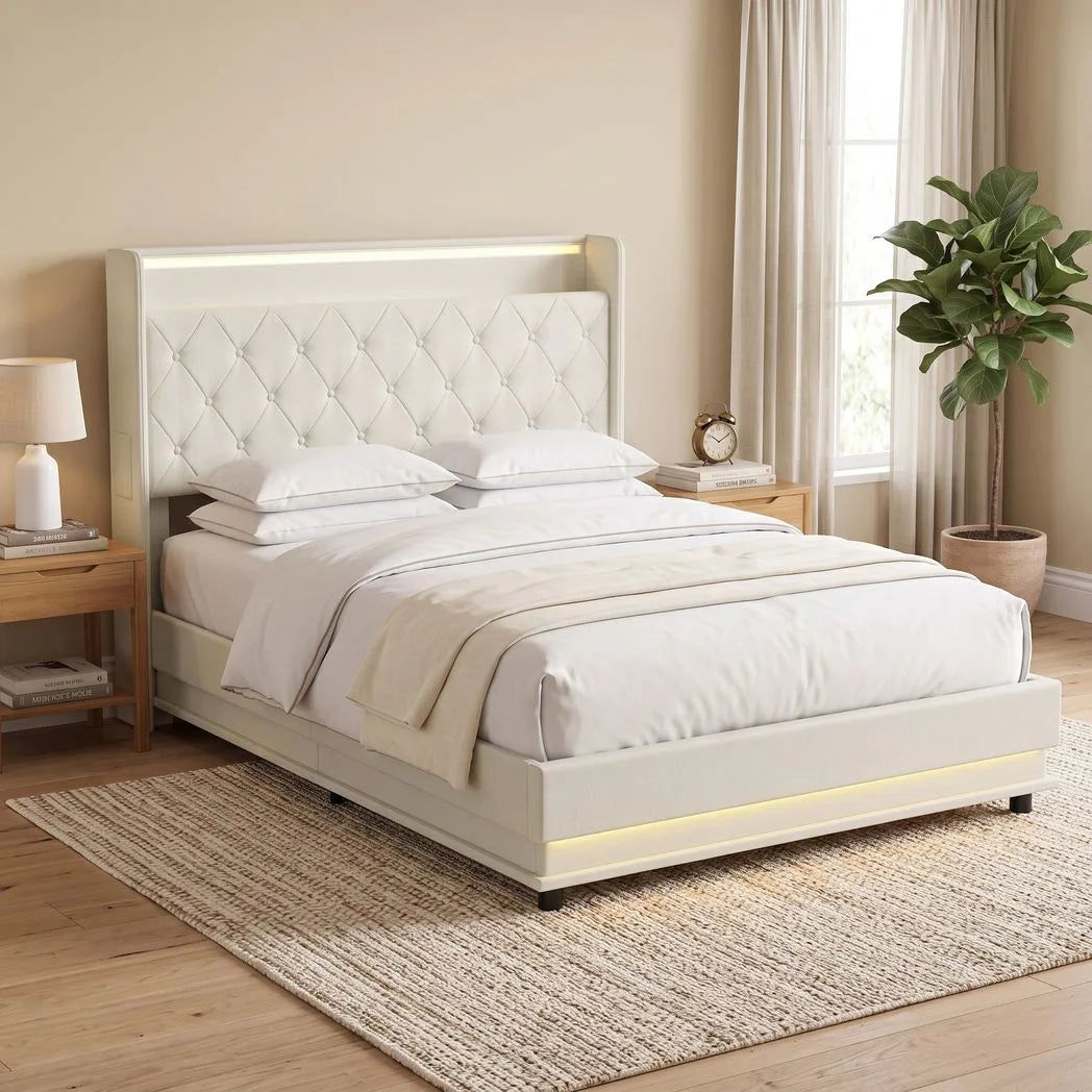4ft6 Double Bed Frame with Headboard, Platform Bed Frame with Hydraulic Storage, LED Lights and Charging Station, Cream