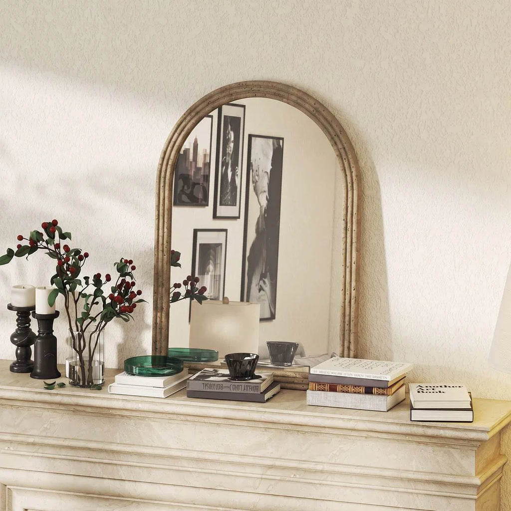Arched Wall Mirror with Grooved Frame — Brown, 50 × 70cm