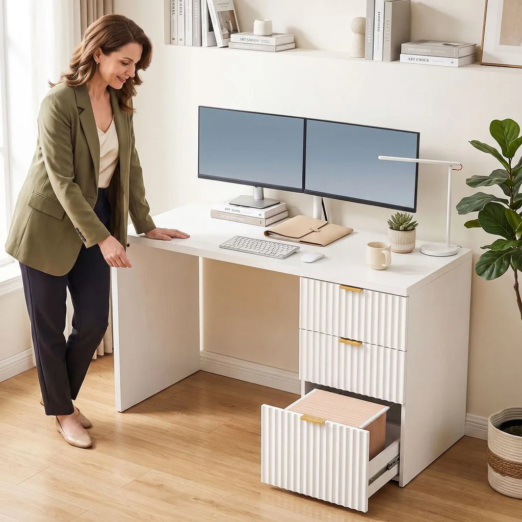 Computer Desk with 3 Drawers Reversible Home Office Desk 120 cm, White