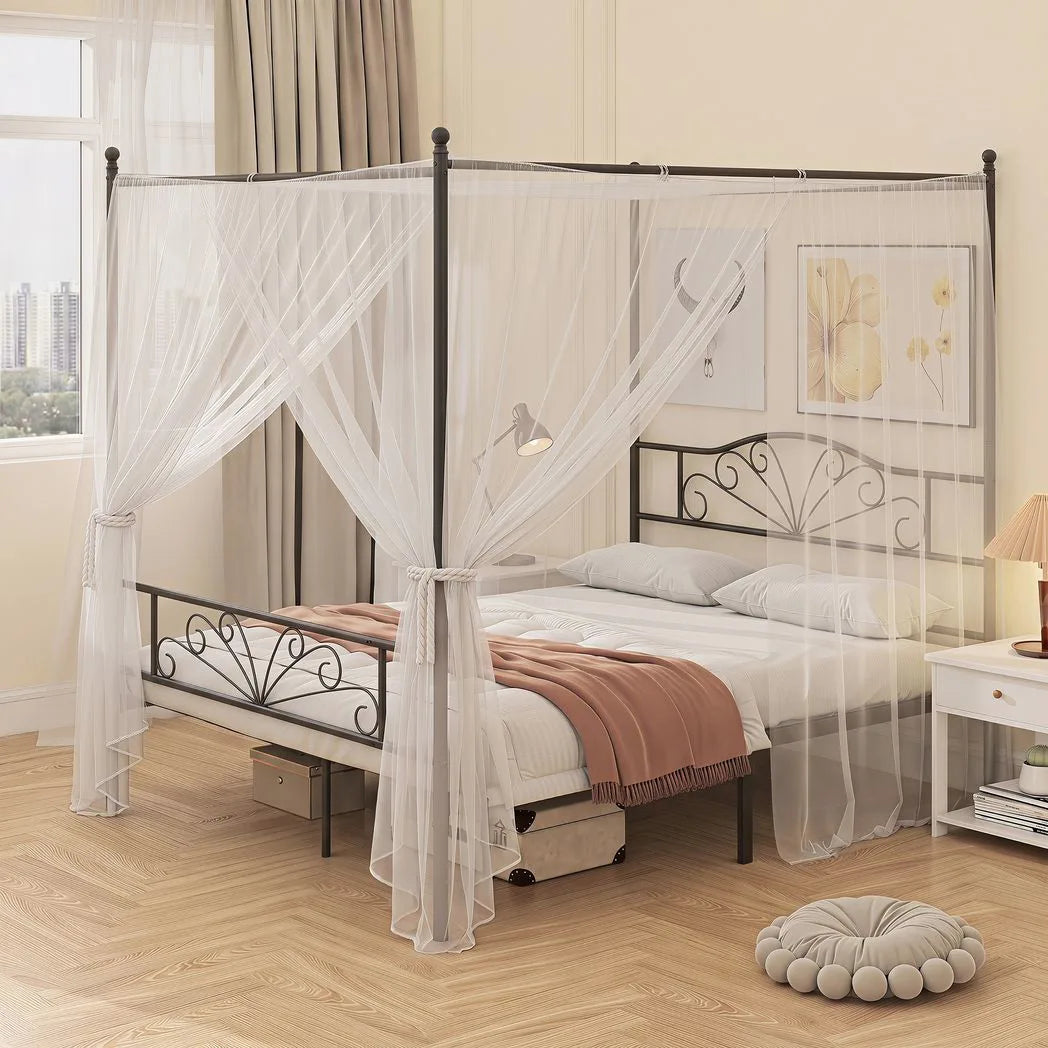 Canopy Bed Frame Double Size, Metal Platform Bed Frame with Headboard and Footboard, Underbed Storage, Black