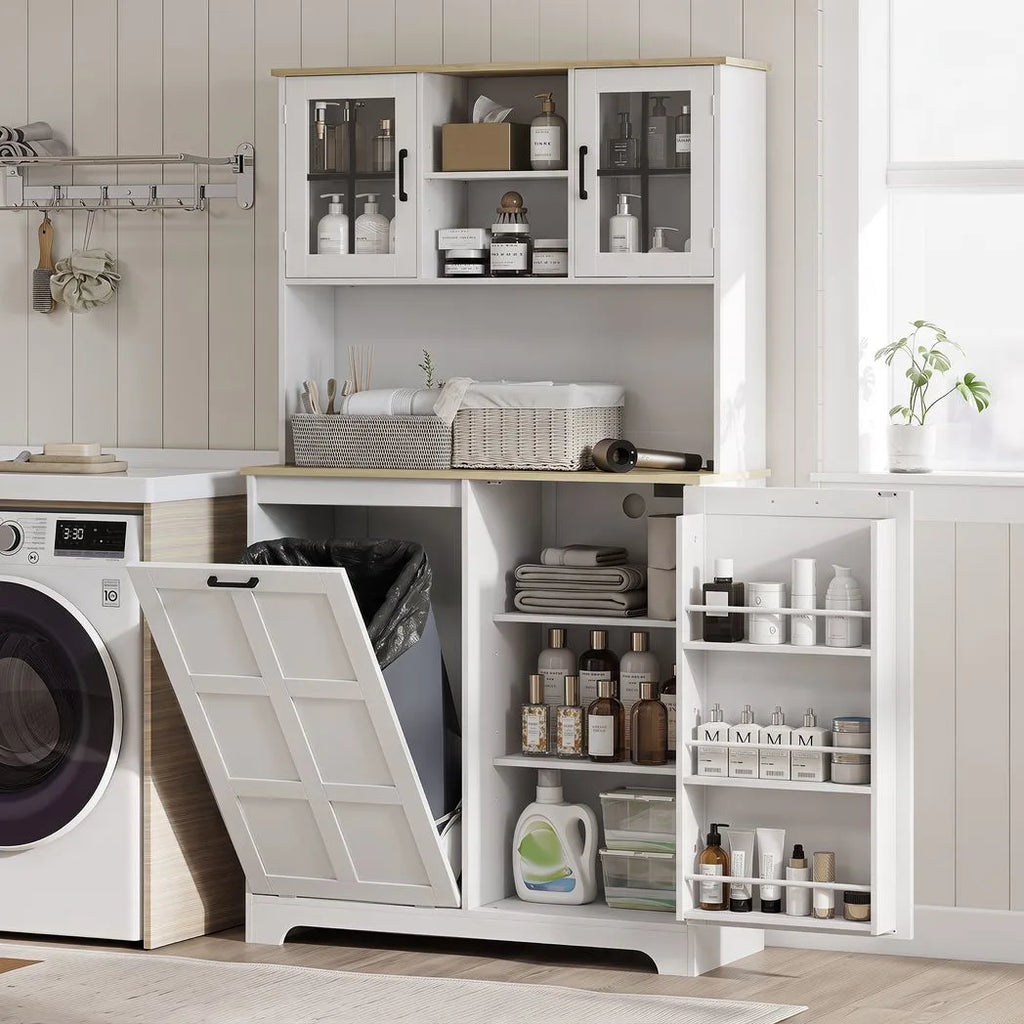 175cm Tall Kitchen Cabinet, Kitchen Cupboard with Rubbish Bin Cabinet, 3 Door Shelves and 2 Acrylic Doors, White