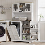 175cm Tall Kitchen Cabinet, Kitchen Cupboard with Rubbish Bin Cabinet, 3 Door Shelves and 2 Acrylic Doors, White