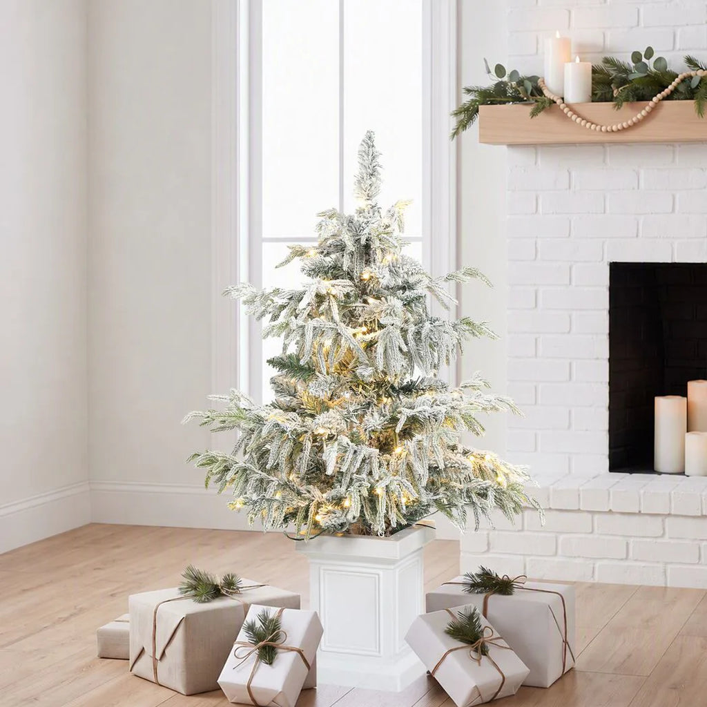 3ft Prelit Flocked Christmas Tree, Artificial Snow Flocked Spruce with 100 Warm White LED Lights, 8 Modes, Green