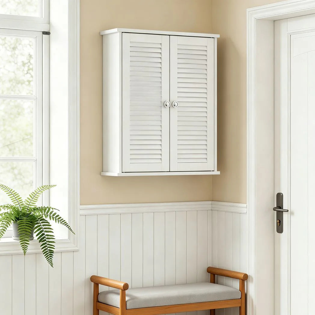 Bathroom Cabinet, Bathroom Wall Cabinet with Louvered Doors and Adjustable Shelf Storage for Kitchen, White