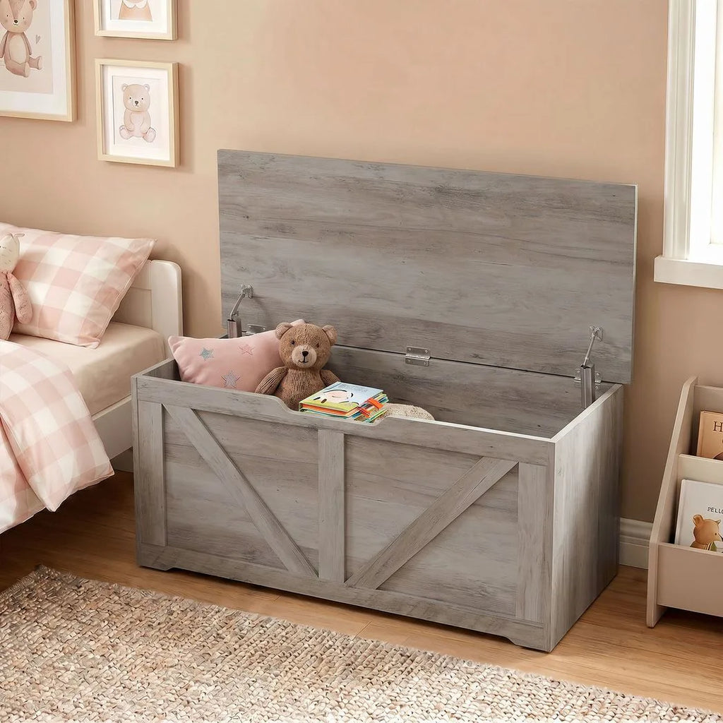 127L Home Storage Box, with Safety Hinges - Grey Wood-Effect