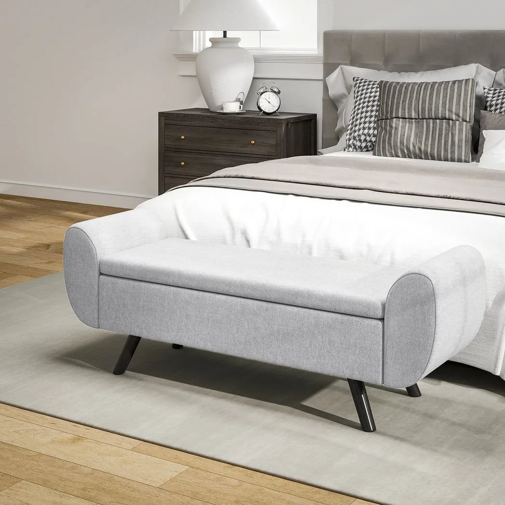 Storage Ottoman with Armrest, Window Seat, Upholstered Linen Storage Bench with Rubberwood Legs, Footstool for Bedroom Living Room, Hallway, Light Grey