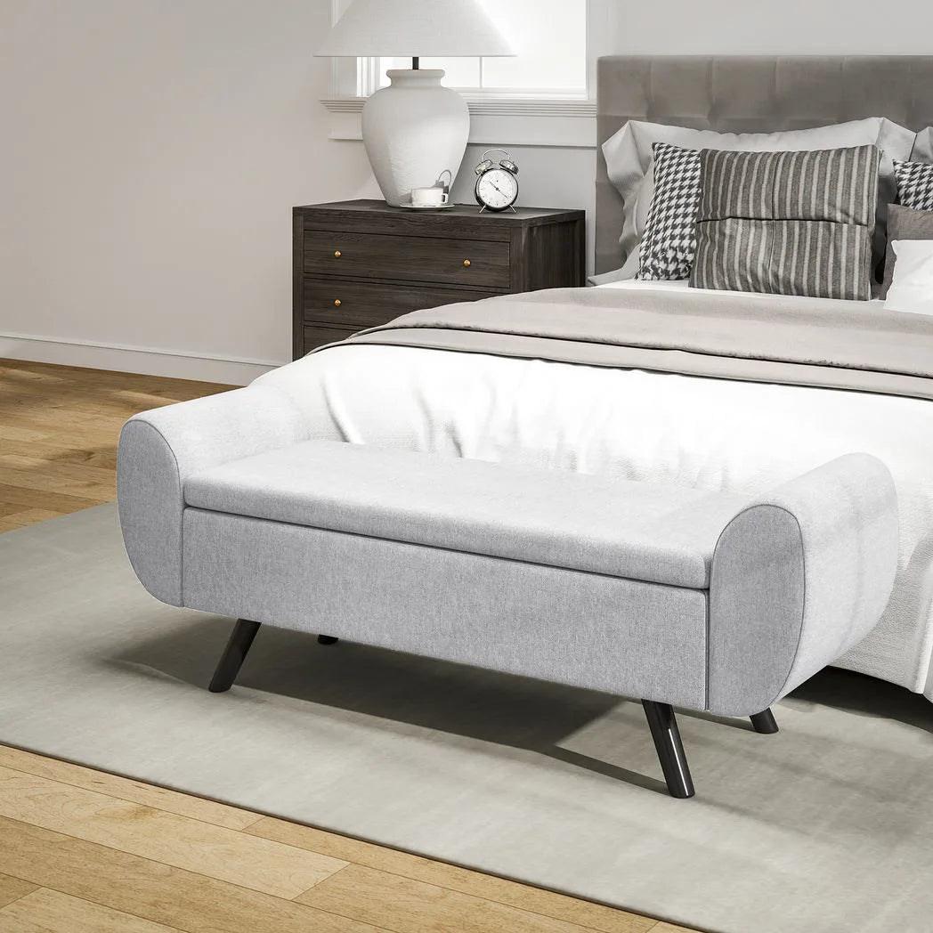 Storage Ottoman with Armrest, Window Seat, Upholstered Linen Storage Bench with Rubberwood Legs, Footstool for Bedroom Living Room, Hallway, Light Grey