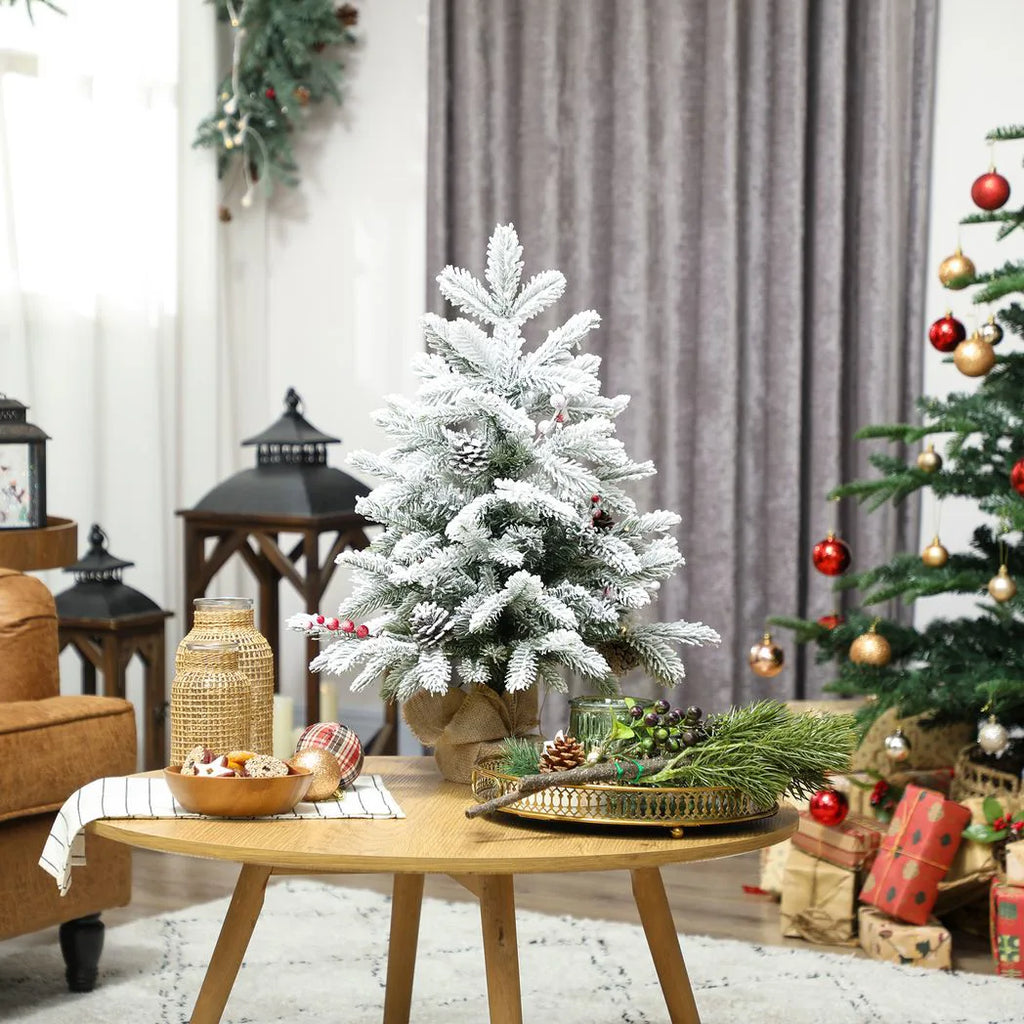 60 cm Prelit Small Christmas Tree with 35 LED Lights, Snow Flocked Tabletop Mini Xmas Tree with Pine Cones, Berry Clusters and Linen Cover Base, Battery Operated, Green