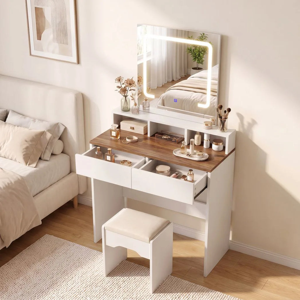 Vanity Table, Dressing Table with Mirror, LED Lights, 2 Drawers, 3 Compartments, 3 Colour Lighting, Walnut