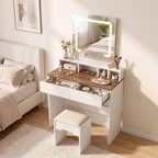 Vanity Table, Dressing Table with Mirror, LED Lights, 2 Drawers, 3 Compartments, 3 Colour Lighting, Walnut