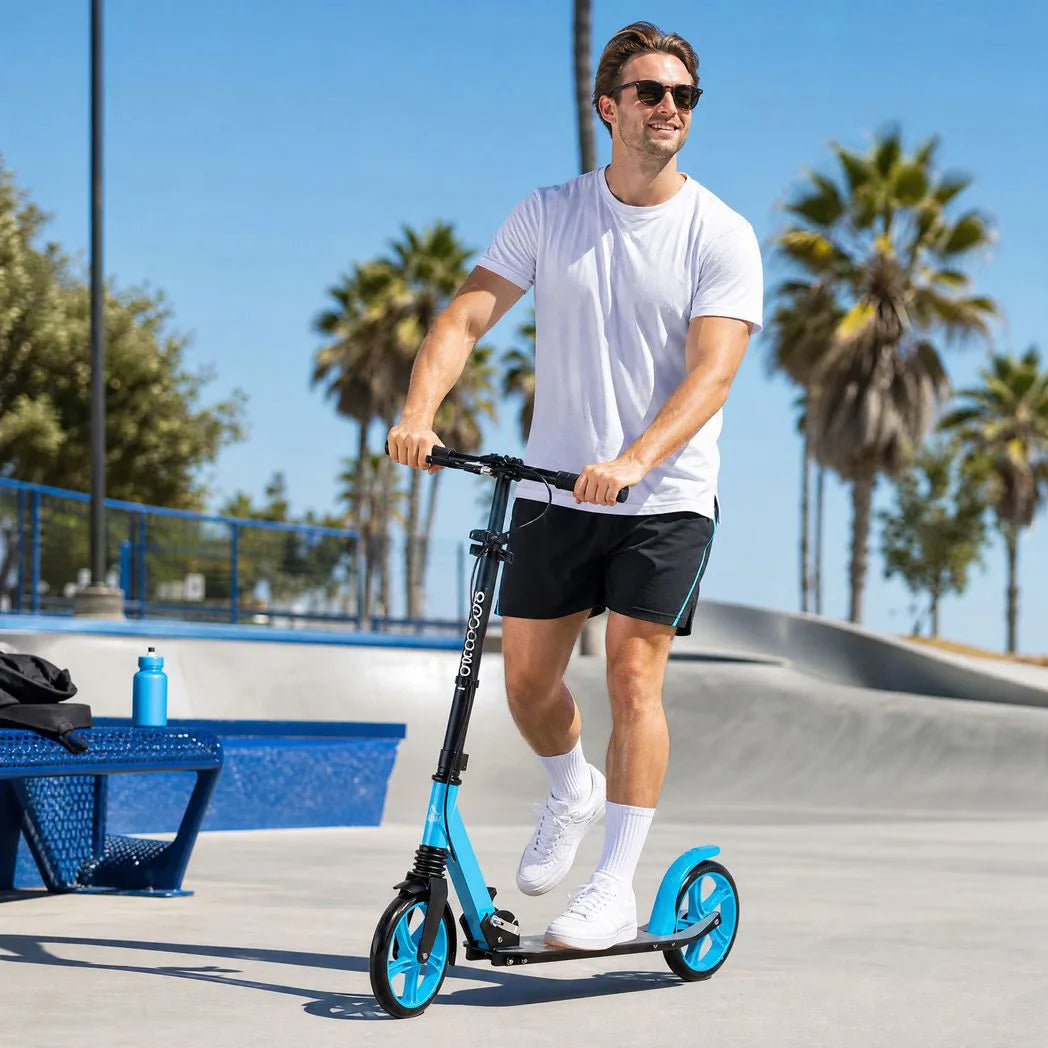 One-click Folding Kick Scooter for 14 w/ Adjustable Handlebar, Push Scooter with Kickstand, Dual Brake System, Blue
