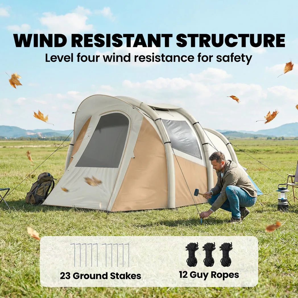 Outsunny Inflatable Camping Tent with Air Pump, Easy Setup 2-3 Person Blow Up Tent, Khaki