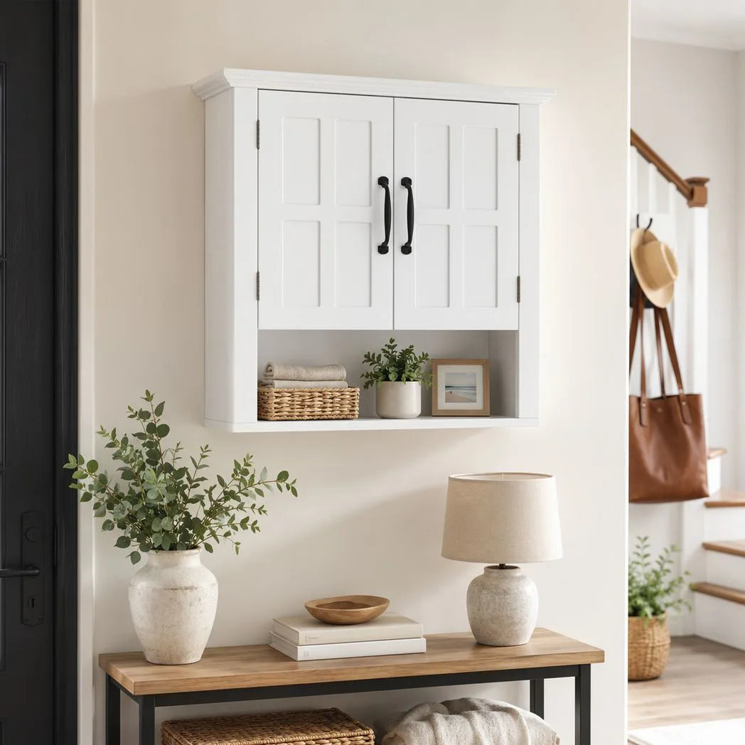 Bathroom Wall Cabinet, Medicine Cabinet, Kitchen Cupboard with 2 Doors and Adjustable Shelf, White