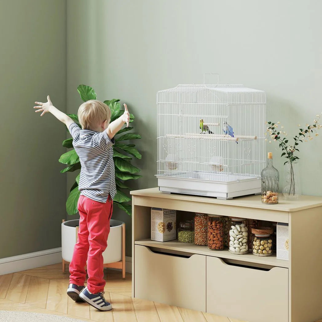 PawHut Large Metal Bird Cage with Perches, Food Bowls, Swing, for Budgies, Parakeets, White